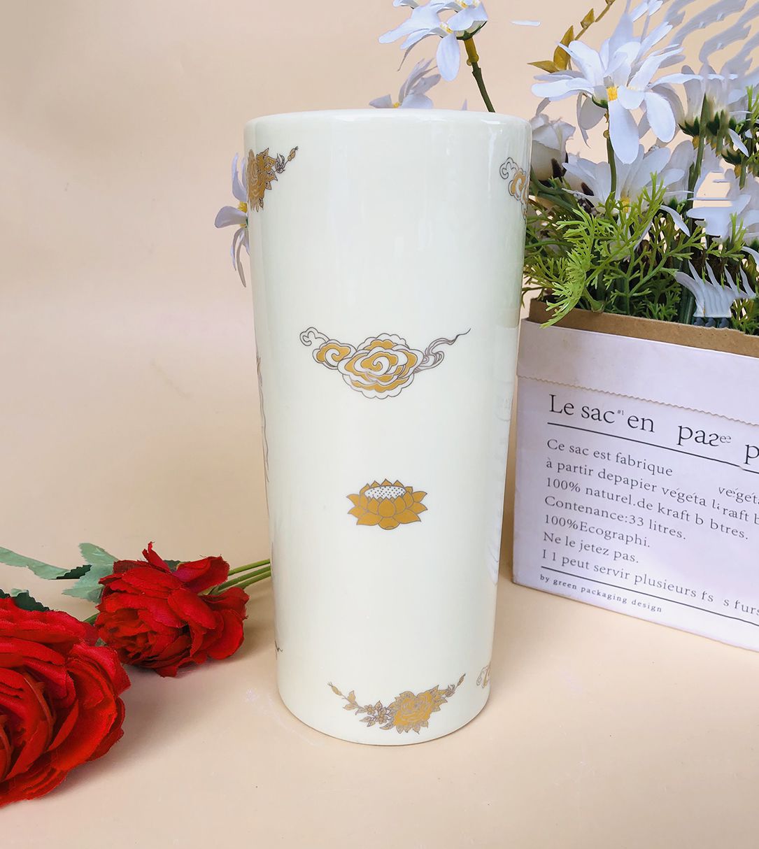 Ống cắm hương bộ đồ thờ men vàng vẽ Rồng tỉ mỉ sắc nét chất lượng